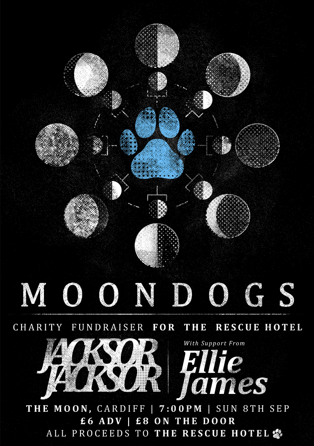 Poster for 'MOONDOGS' event at The Moon, Cardiff, with performances from JacksorJacksor and Ellie James, on 8th September 2024. The image is also a link to the Eventbrite page.